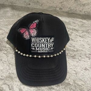 OTTO Black Hat with Pink Butterfly and Pearl Accent